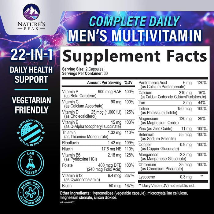 Men's Multivitamins Supplement - Complete Daily Multivitamin for Men with Vitamin B12, A, C, D, E, Zinc, Calcium, Iron, Folate - Immune Health & Energy Support - High Potency & Non-GMO - 60 Capsules