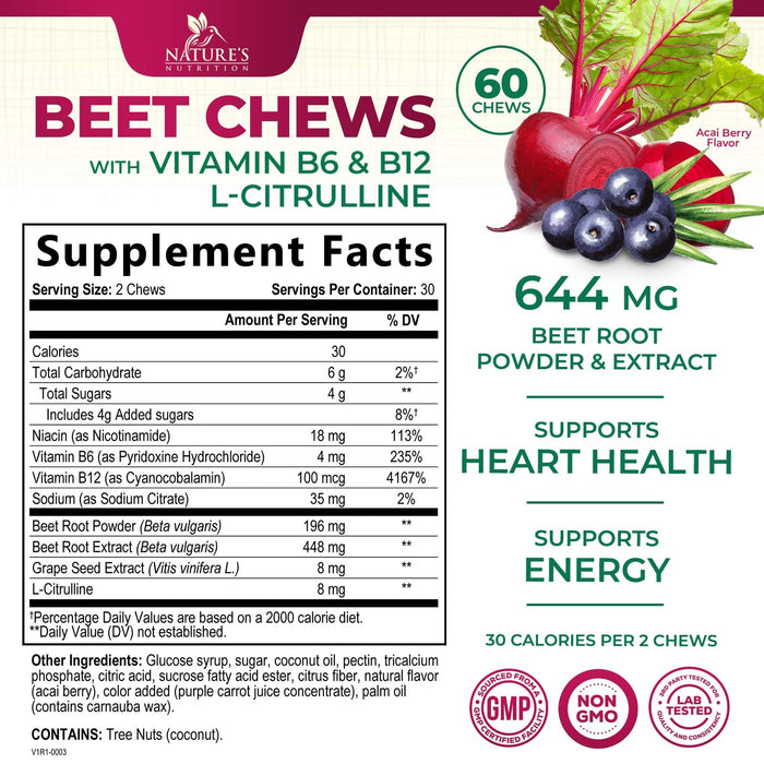 Heart Chews - Nitric Oxide & Energy Support with Beet Root Extract & Grape Seed Extract - Natural Non-GMO Beetroot Powder Antioxidant Soft Berry Flavor Chewable Supplement for Women & Men - 60 Count