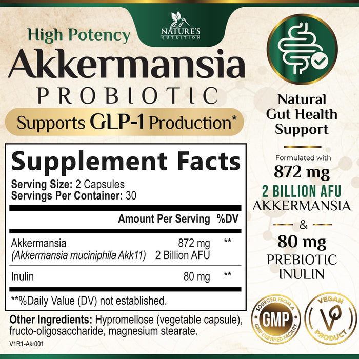 Akkermansia Probiotic Supplement for Women & Men, Akkermansia Muciniphila GLP 1 Probiotics with Prebiotic, 2 Billion AFU, Natural Digestive, Gut Health, & GLP 1 Production Support, 60 Capsules