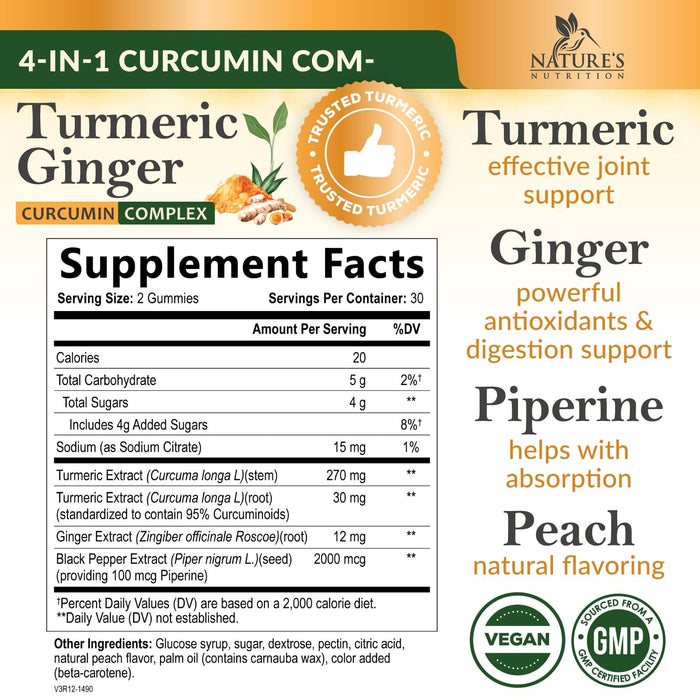 Turmeric Gummies with Black Pepper & Ginger for Best Absorption, 95% Curcuminoids Tumeric Curcumin Gummy, Nature's Herbal Extract Joint Support Supplement, Vegan Non-GMO, Peach Flavor - 60 Gummies