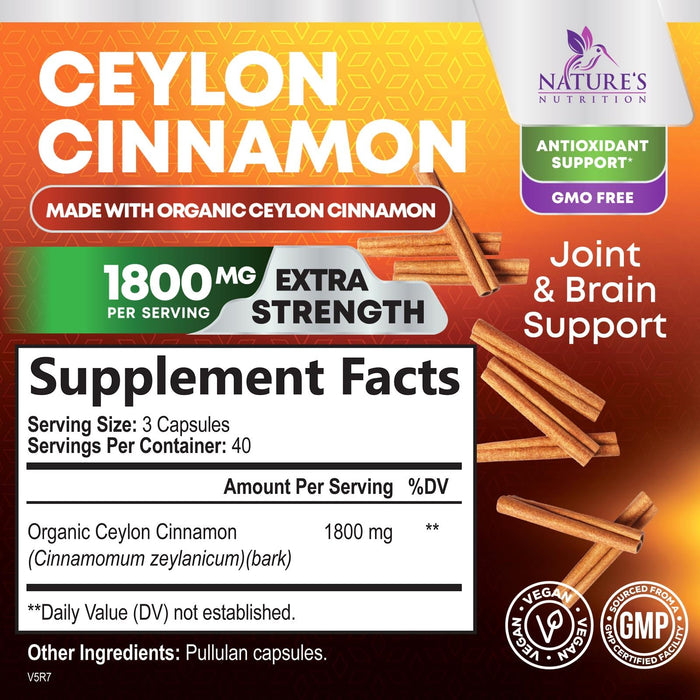 Organic Ceylon Cinnamon Supplement 1800mg - Certified Organic Ceylon Cinnamon Powder Pills - Energy & Heart Support for Women & Men, Bottled in USA, Antioxidant, Gluten Free, Non-GMO - 120 Capsules
