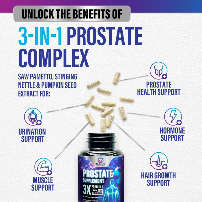 Prostate Health Supplements for Men - Support Complex 3x Formula with Saw Palmetto Blend Stinging Nettle Root & Pumpkin Seed Extract - Supports Bathroom Trips Prostate & Urinary Health - 120 Capsules