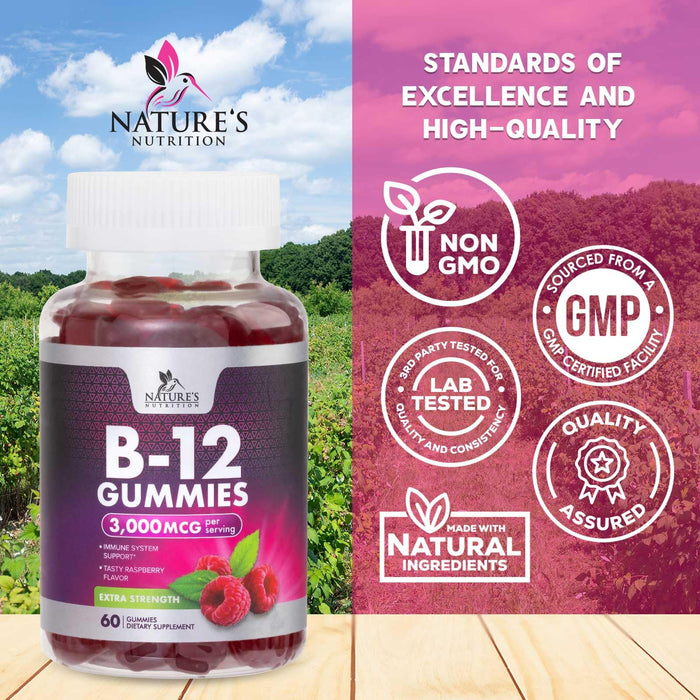 B12 Gummies for Adults, Extra Strength Energy 3000 mcg - B-12 Energy Metabolism & Immune System Support - Chewable Dietary Supplement for Adults & Kids Caffeine Free Gummy Vitamin - 60 Gummies