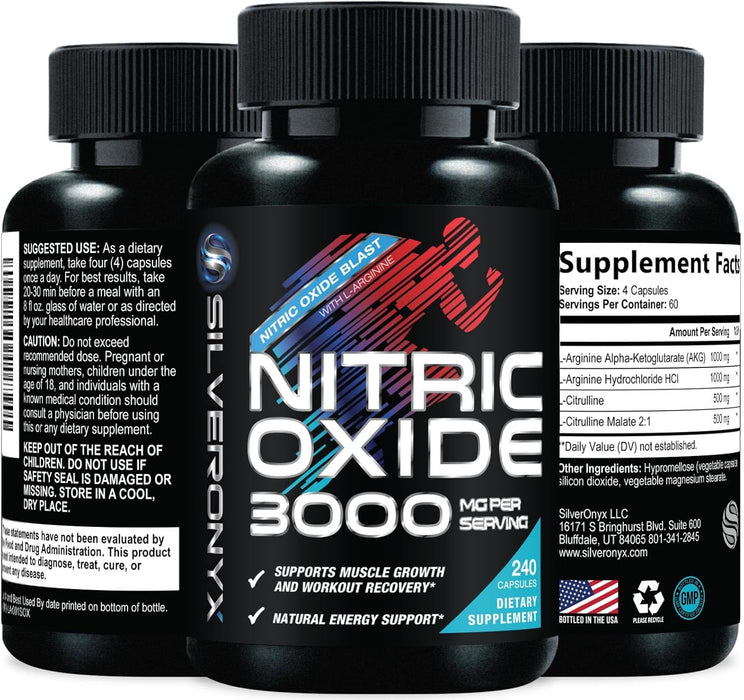 Extra Strength Nitric Oxide Supplement 3X Strength L Arginine, Citrulline Malate, AAKG, Beta Alanine - Premium Muscle Supporting Nitric Booster - Natural Energy & Heart Health Support - 240 Capsules