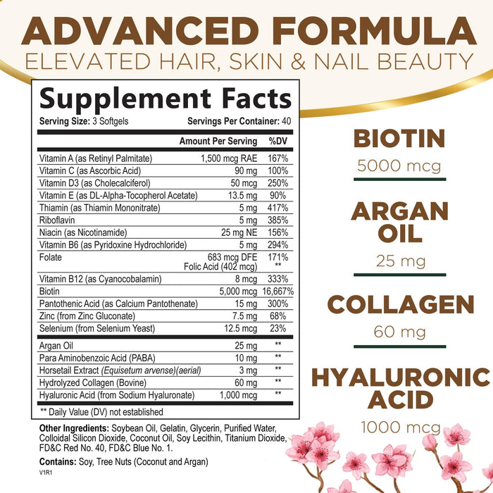 Hair Vitamins Biotin 5000 mcg Collagen for Hair Skin and Nails Vitamin Nature's, Supports Supplement Fast Fuller Thicker Healthy Growth Support, with Hyaluronic Acid Women & Men, Non-GMO, 120 Softgels