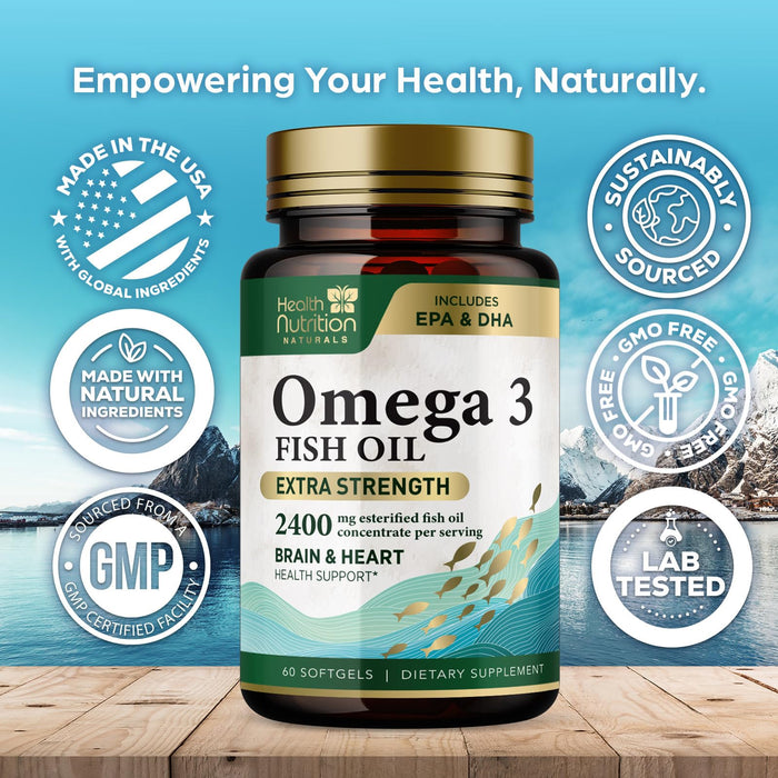 Omega 3 Fish Oil Triple Strength 1200 mg, Omega-3 Supplements, Natural Brain Heart Health & Immune Support - Fatty Acids with EPA & DHA - Wild Caught Purified Fish Oil Supplement - 60 Softgels