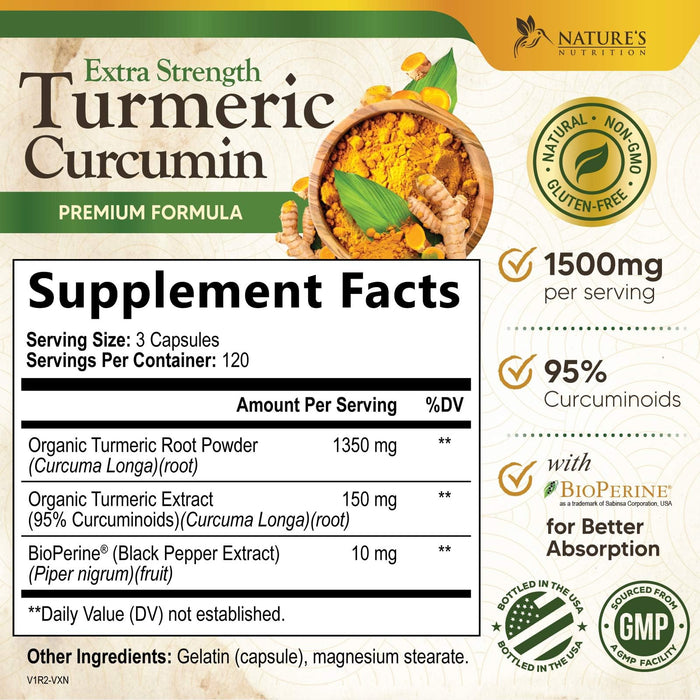 Turmeric Curcumin Supplement 1500mg - Organic Tumeric & BioPerine Black Pepper for Best Absorption with 95% Curcuminoids, Nature's Joint & Immune Support, Non-GMO, Bottled in USA - 360 Capsules