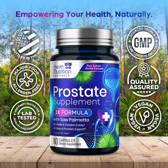 Prostate Health Supplements for Men - Potent 3X Formula with Saw Palmetto, Stinging Nettle, Pumpkin Seed Extract, Bottled in USA, Prostate Supplement for Urinary Support, Vegan, Non-GMO, 60 Capsules