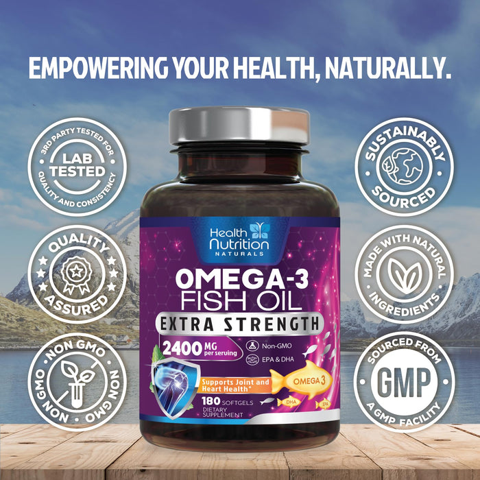 Omega 3 Fish Oil 2400 mg - Triple Strength Omega3, EPA & DHA Fatty Acids Supplement - Natural Support for Immune, Heart & Brain Health - Wild Caught, Non-GMO, Lemon Flavor, Burpless - 180 Softgels