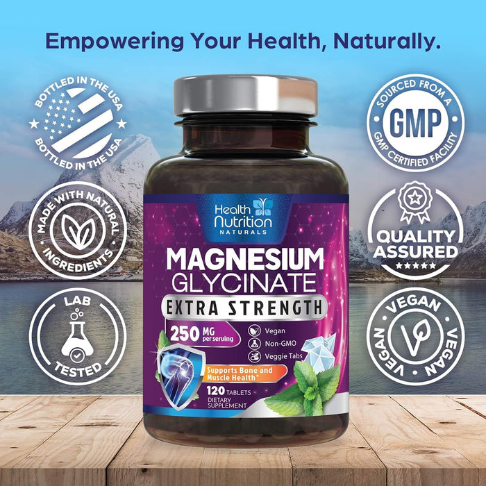 Magnesium Glycinate 250mg - 100% Chelated Magnesium for Max Absorption - Sleep Support, Muscle, Nerves, Bone & Heart Health Support, Best Mag Supplement, Vegan Non-GMO, 3rd Party Tested - 120 Tablets