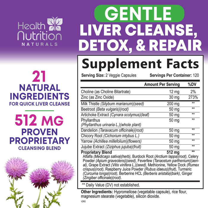 Gentle Liver Cleanse Detox & Repair Formula - Herbal Liver Support Supplement: Milk Thistle with Silymarin, Artichoke Extract, Dandelion, Beet, Chicory Root, & Turmeric for Liver Health - 240 Capsules