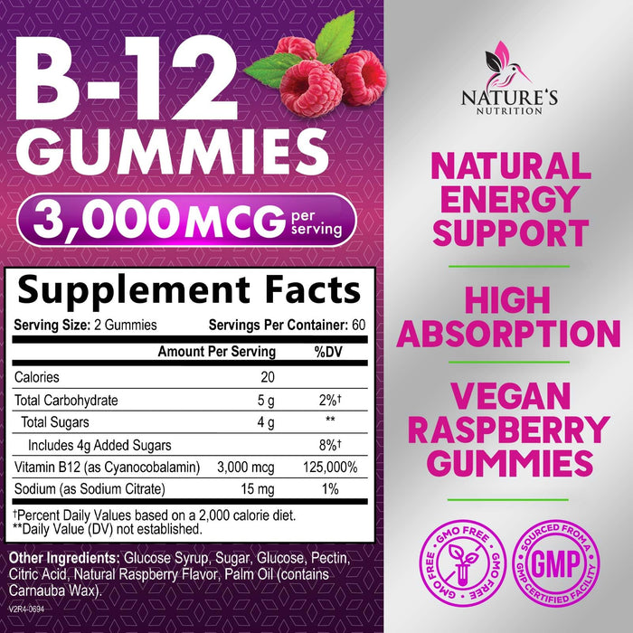 B12 Gummies for Adults, Extra Strength Energy 3000 mcg - B-12 Energy Metabolism & Immune System Support - Chewable Dietary Supplement for Adults & Kids Caffeine Free Gummy Vitamin - 120 Gummies
