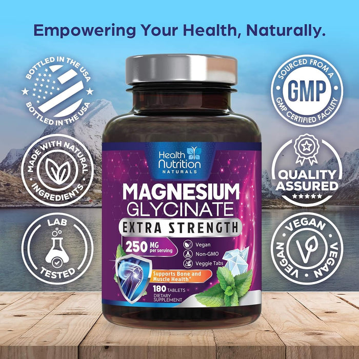 Magnesium Glycinate 250mg - 100% Chelated Magnesium for Max Absorption - Sleep Support, Muscle, Nerves, Bone & Heart Health Support, Best Mag Supplement, Vegan Non-GMO, 3rd Party Tested - 180 Tablets