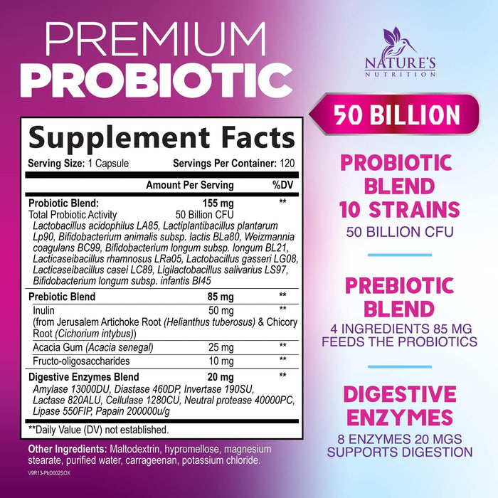 Probiotics 50 Billion CFU per Serving - 10 Strains + Prebiotics - Digestive Health, Gut & Immune Support - Supports Occasional Constipation, Gas & Bloating for Women & Men Shelf Stable - 120 Capsules