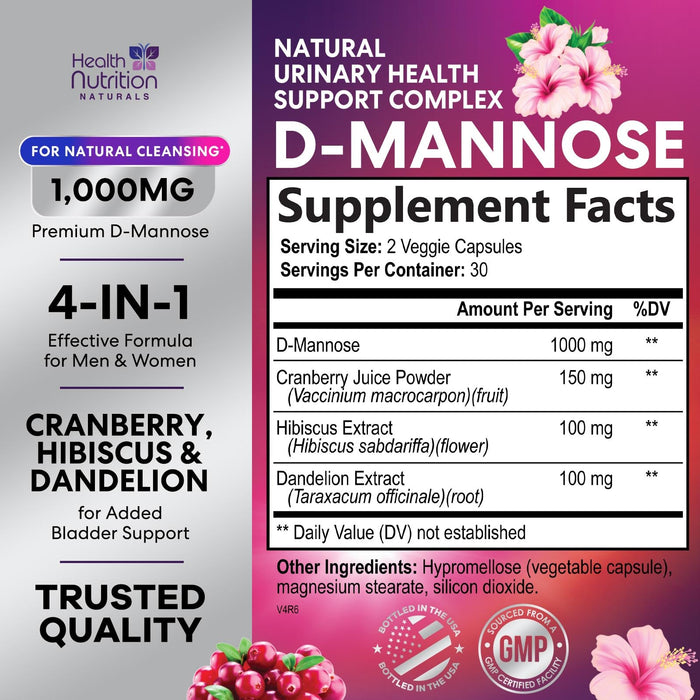 D-Mannose Supplement 1,350mg with Cranberry, Hibiscus & Dandelion - Fast-Acting, Natural Bladder & Urinary Tract Support for Women & Men – Flush & Cleanse Impurities – Non-GMO, Vegan – 60 Capsules