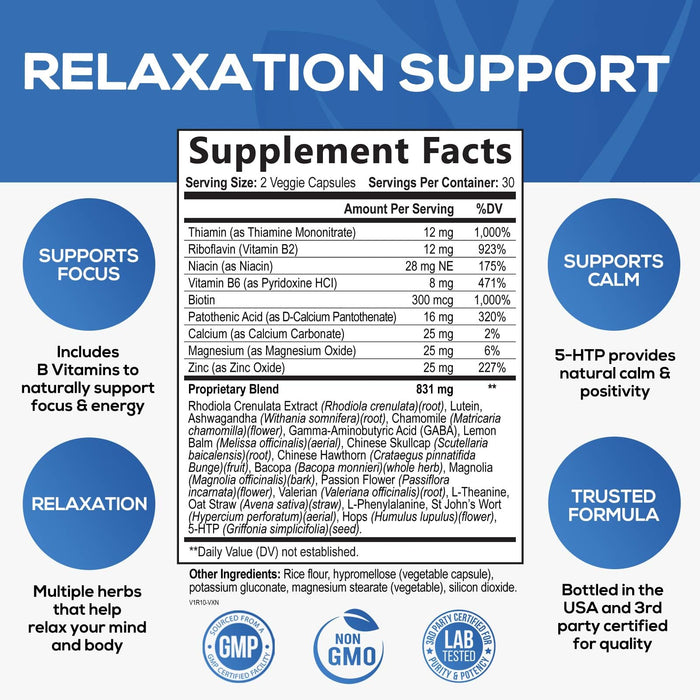 Natural Calm, Unwind & Relax Support with Ashwagandha, GABA, Magnesium, 5-HTP, L-Theanine & B Vitamins, Natural Focus, Energy & Immune Support - Nature's Non-GMO, Vegan, Gluten Free - 120 Capsules