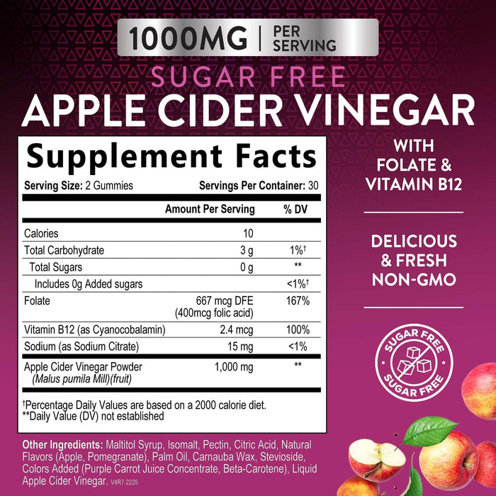 Apple Cider Vinegar Gummies for Weight Loss 1000mg - Vegan Apple Vinegar Gummy for Detox & Cleanse, ACV Supplement Pills, Vitamin B12, Sugar Free ACV Gummy, Non-GMO, Nature's Nutrition - 60 Gummies