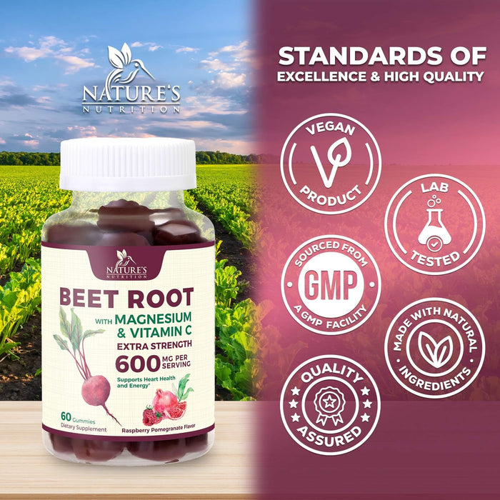 Beet Root Supplement Gummies - 500mg Per Serving with Beetroot Extract Powder Vitamin C & Magnesium - Supports Energy Heart Health & Nitric Oxide Production - Red Beets Supplements Gummy - 60 Gummies