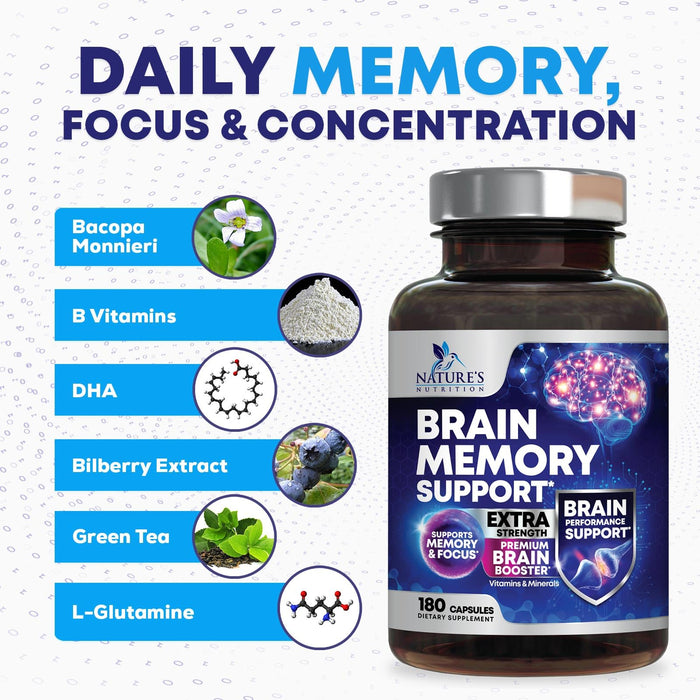 Brain Memory Supplement Pills - Nootropics Support for Concentration, Clarity, Alertness & Focus - Brain Health with Bacopa, Cognitive Vitamins, Phosphatidylserine, DMAE - Brain Booster - 180 Capsules