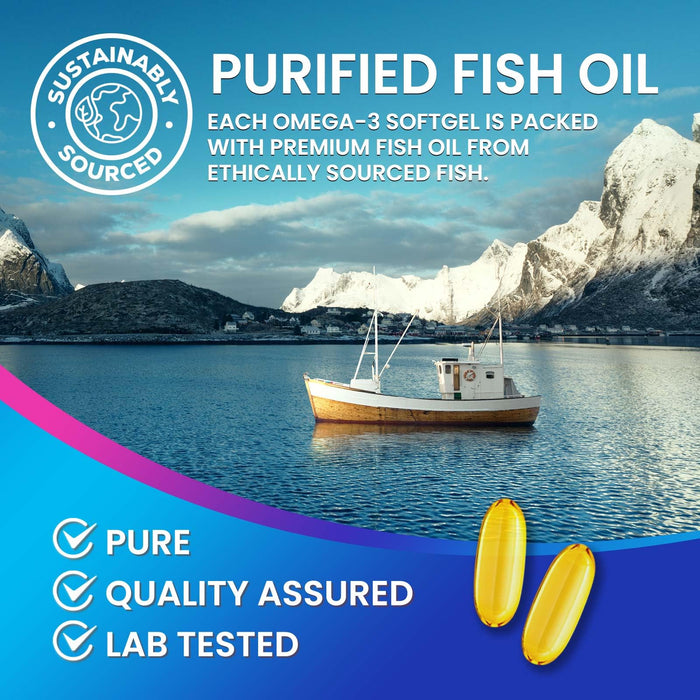 Omega 3 Fish Oil 2400 mg Supplement, Sustainably Sourced, Triple Strength Omega-3 Supplement Softgels, Brain Health Support, EPA & DHA Fish Oil Fatty Acids Supplements, Gluten & GMO Free, 120 Softgels