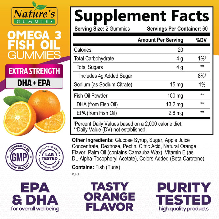 Omega 3 Fish Oil Gummies, Heart Healthy Omega 3 Gummy Supplement with High Absorption DHA & EPA, Extra Strength Joint & Brain Support, Delicious Orange Flavor Fish Oil Nature's Vitamin - 120 Gummies