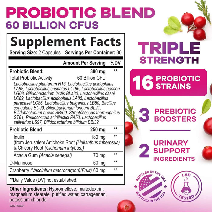 Probiotics for Women 60 Billion CFU - 16 Strains, Prebiotics & Cranberry, PH Balance, Digestive Health, Vaginal & Immune Support, Womens Probiotic for Gut Health, Shelf Stable - 60 Capsules