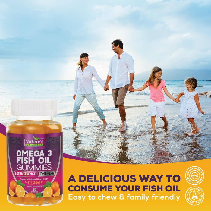 Omega 3 Fish Oil Gummies, Heart Healthy Omega 3 Gummy Supplement with High Absorption DHA & EPA, Extra Strength Joint & Brain Support, Delicious Orange Flavor Fish Oil Nature's Vitamin - 60 Gummies