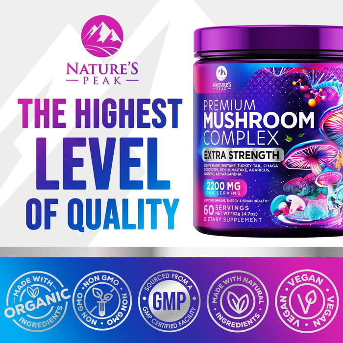 Brain Mushroom Powder - Mushroom Extract Powder, 11 in 1 Complex Mushroom Supplement with Organic Lions Mane, Reishi, Cordyceps, Chaga, Turkey Tail, Maitake for Energy & Immune Support - 60 Servings