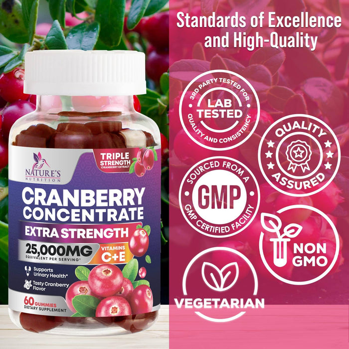 Cranberry Gummies 50:1 Cranberry Extract - Urinary Tract Support Made with 25,000mg, Helps Cleanse & Protect, Cran Berry Gummy Supplement + Vitamin C, Chewable Cran Pills for Women - 60 Gummies