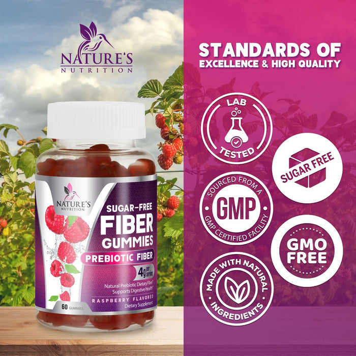 Prebiotic Fiber Gummies - Sugar Free 4g Gummy Fiber Supplement for Adults Digestive Health & Regularity Support - Natural Raspberry Flavor, Plant Based Blend, Non-GMO & Gluten Free - 60 Gummies