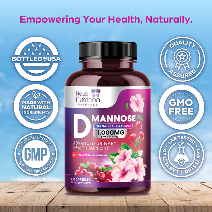 D-Mannose Supplement 1,350mg with Cranberry, Hibiscus & Dandelion - Fast-Acting, Natural Bladder & Urinary Tract Support for Women & Men – Flush & Cleanse Impurities – Non-GMO, Vegan – 180 Capsules