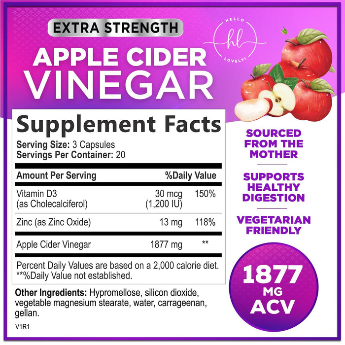 Apple Cider Vinegar Pills from the Mother - 1877mg of ACV with Vitamin D3 & Zinc, Non-GMO & Gluten Free, ACV Supplement for Digestion, Energy & Immune Support, Apple Vinegar Capsules - 60 Capsules