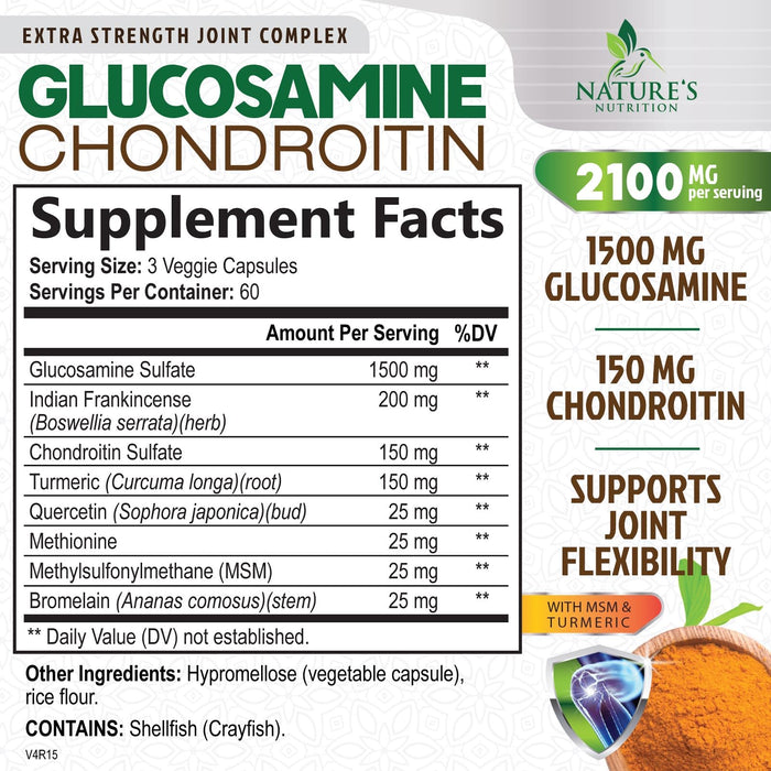 Glucosamine Chondroitin MSM 2100mg Complex - Joint Support Supplement for Joint Mobility & Comfort For Men and Women with Turmeric & Boswellia, Triple Strength Glucosamine Supplements - 180 Capsules