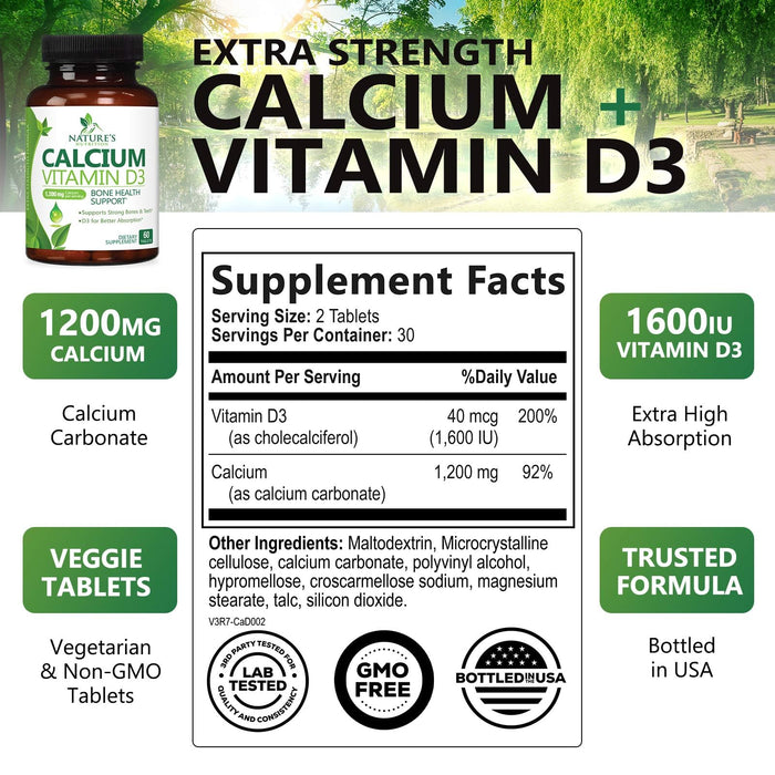 Calcium Supplement with Vitamin D - 1200 mg Calcium Carbonate with 1600 IU of D3 Vitamins - Supports Bone Strength, Teeth & Immune System - Natural & Easily Absorbable for Women & Men - 60 Tablets