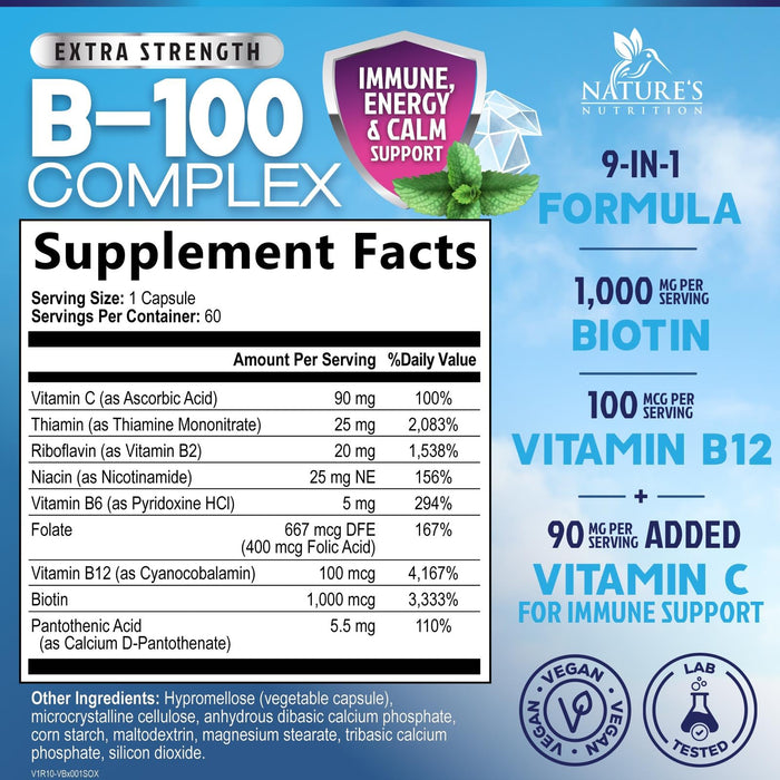 B Complex Vitamins Capsules with Vitamin B6 B12 B100 C Biotin Folate & Folic Acid – 60 Capsules