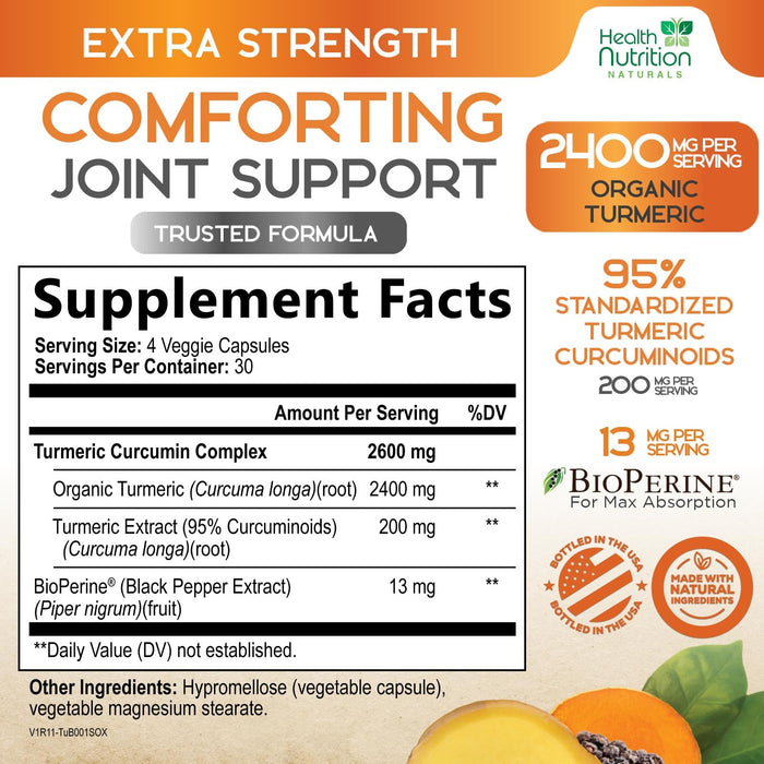 Turmeric Curcumin Supplement 2600mg - 95% Curcuminoids with Organic Turmeric & BioPerine Black Pepper for Best Absorption, Nature's Vegan Joint Support, Non-GMO Tumeric, Bottled in USA - 120 Capsules