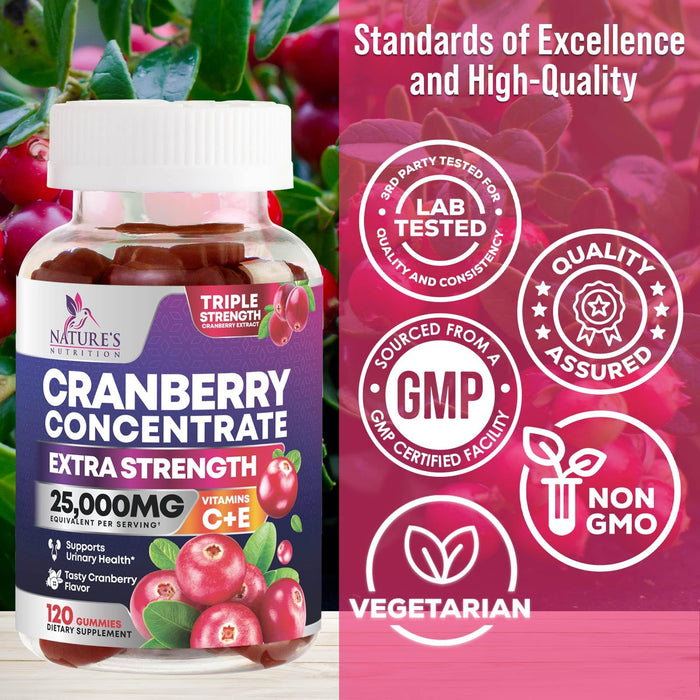 Cranberry Gummies 50:1 Cranberry Extract - Urinary Tract Support Made with 25,000mg, Helps Cleanse & Protect, Cran Berry Gummy Supplement + Vitamin C, Chewable Cran Pills for Women - 120 Gummies