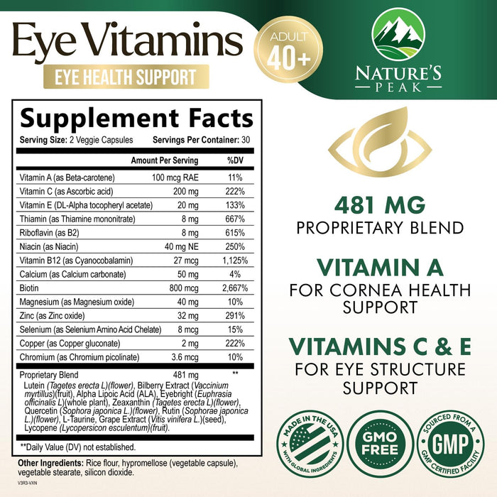 Eye Vitamins & Mineral Supplement - Contains Zinc, Copper, Lutein, & Zeaxanthin, Supports Dry Eye Strain, Vision Health for Adults, Non-GMO, Vegan Eye Care Pills & Minerals Supplements - 60 Capsules