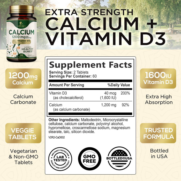 Calcium 1200 mg with Vitamin D3, Calcium Supplement Vitamins, Supports Bone Strength, Teeth & Immune System, Calcium Supplements for Women & Men, Nature's Absorbable Calcium Carbonate - 120 Tablets
