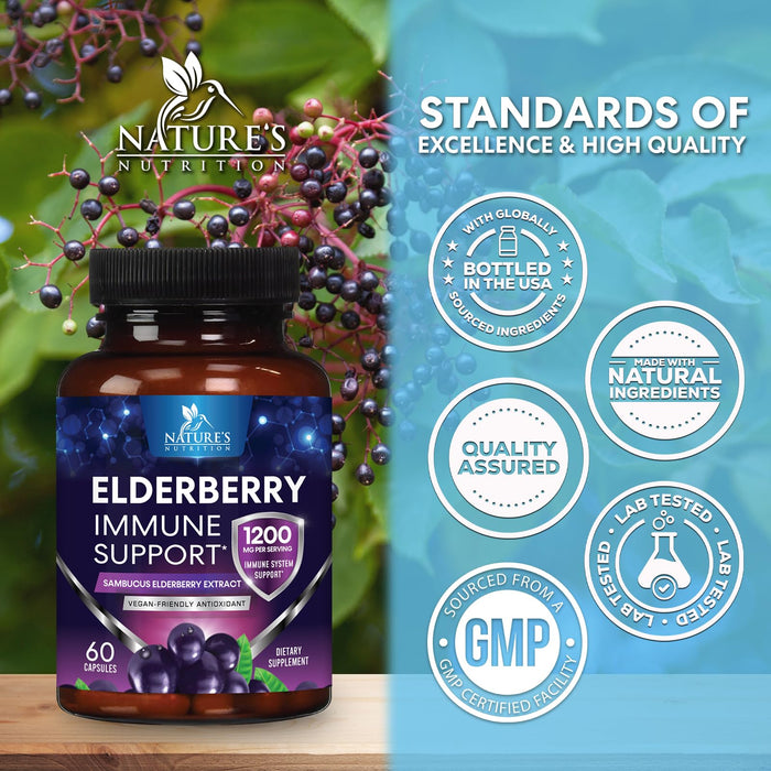 Elderberry Immune Support 1200mg Extract Capsules - Daily Immune Support for Adults with Concentrated Sambucus Black Elderberry Antioxidant - Gluten Free Vitamin, Non-GMO Supplement - 60 Capsules