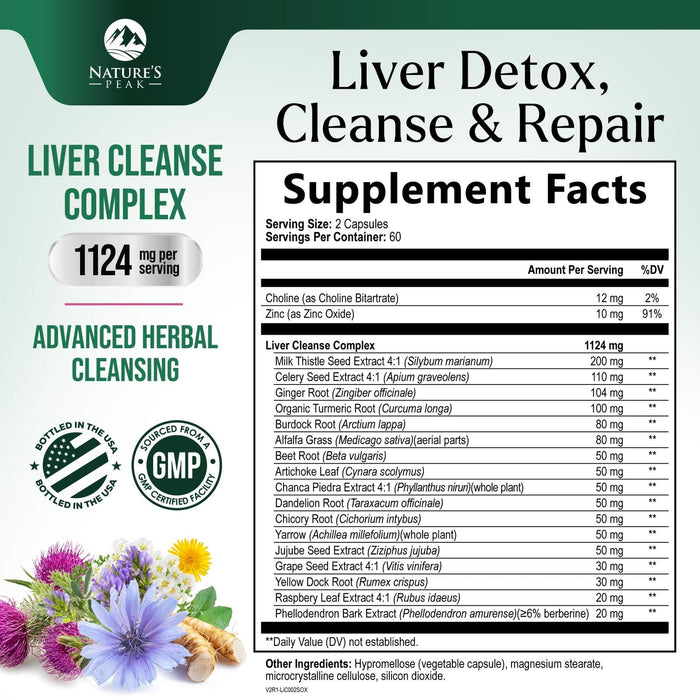 Liver Cleanse Detox & Repair - Milk Thistle Supplement for Digestion & Immune Health - Ginger Root, Choline & Dandelion Root - Herbal Liver Support with Silymarin, Beetroot & Artichoke - 120 Capsules