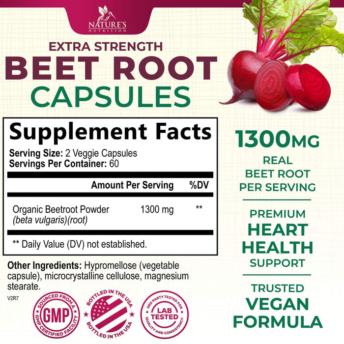 Beet Root Capsules 1300mg - Extra Strength Red Beetroot Powder Supplement – Supports Nitric Oxide Production, Heart Health & Natural Energy – Non-GMO, Vegan, Gluten Free – 120 Veggie Capsules