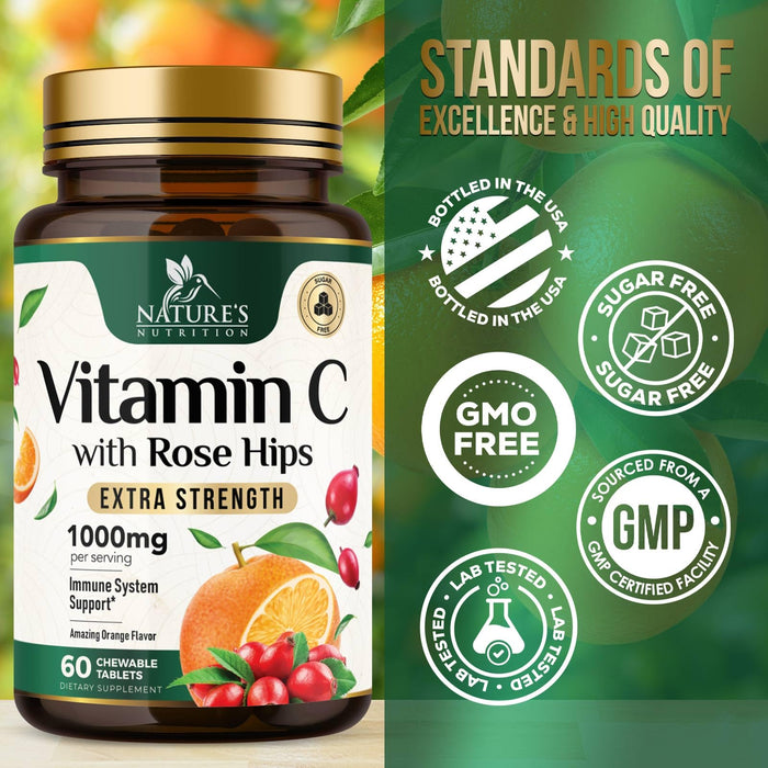 Vitamin C Chewable 1000mg - Extra Strength Antioxidants for Powerful Immune Support w/Vitamin C & Rose HIPS - Potent Dietary VIT C Chews Supplement, Natural, Vegan, Gluten-Free, Non-GMO - 60 Tablets
