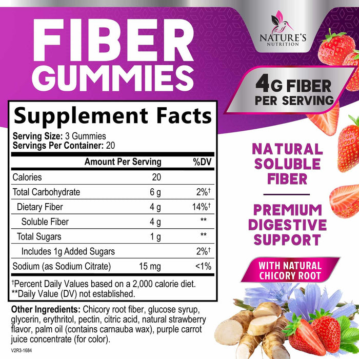 Fiber Gummies for Adults - 4g Gummy Fiber Supplement for Digestive Health & Regularity Support, Daily Prebiotic Supplements, Natural Prebiotic Gummy, Plant Based, Strawberry Flavored - 60 Gummies
