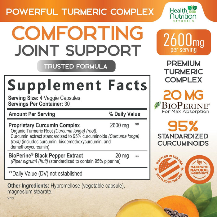 Turmeric Curcumin Supplement 2600mg - 95% Curcuminoids with Organic Turmeric & BioPerine Black Pepper for Best Absorption, Nature's Vegan Joint Support, Non-GMO Tumeric, Bottled in USA - 120 Capsules