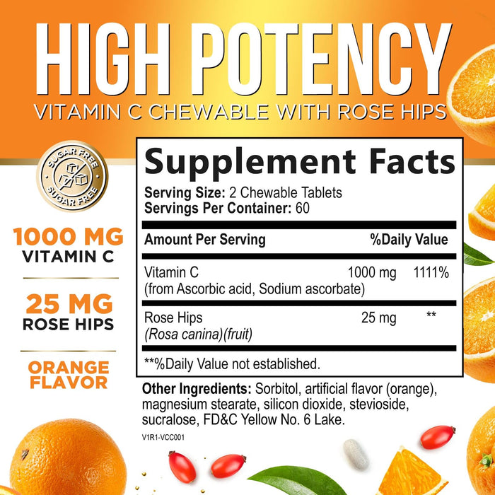 Vitamin C 1000mg Chewable Supplement - Extra Strength Immune Support Vitamin C Dietary Supplement with Rose HIPS, Nature's VitaminC Antioxidant Support, Natural, Vegan, Orange Flavor - 120 Tablets