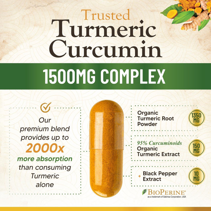 Turmeric Curcumin Supplement 1500mg - Organic Tumeric & BioPerine Black Pepper for Best Absorption with 95% Curcuminoids, Nature's Joint & Immune Support, Non-GMO, Bottled in USA - 120 Capsules