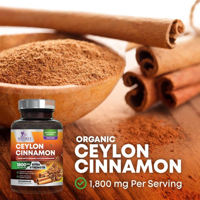 Organic Ceylon Cinnamon Supplement 1800mg - Certified Organic Ceylon Cinnamon Powder Pills - Energy & Heart Support for Women & Men, Bottled in USA, Antioxidant, Gluten Free, Non-GMO - 120 Capsules
