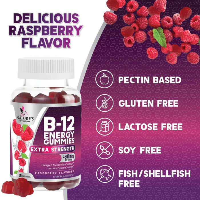 B-12 Vitamin Energy Gummies - 4500mcg Extra Strength B12 Gummy Chewables for Energy Metabolism & Immune Support - Dietary Supplement for Women, Men, & Kids - Non-GMO, Vegan, Berry Flavor - 60 Count