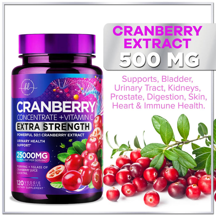 Cranberry Supplement 25,000mg Formula + Vitamin C – Urinary Tract Health Support for Women & Men, 50:1 Whole Fruit Cranberry Extract Pills for Women, Sugar-Free, Non-GMO, Gluten-Free - 120 Capsules